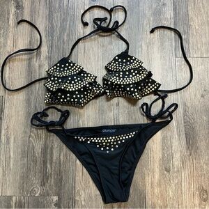 Women’s Black Plunge Bikini Top Padded With Gold embellished Size XS